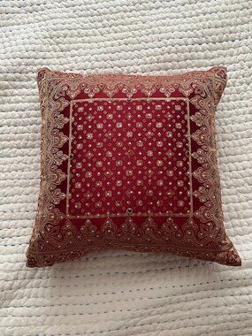 Red Beaded Throw Pillows Set of 2 Mughal Embroidered Boho Indian Bollywood Decor